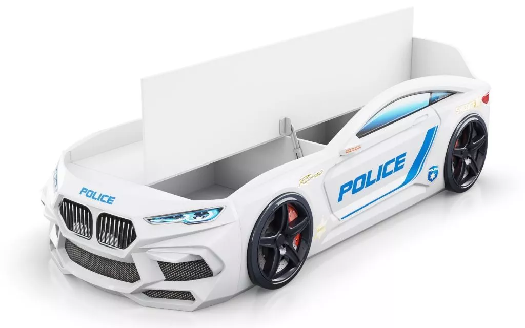 Кровать машинка ROMEO на щитах (ящик-книжка) полиция белый