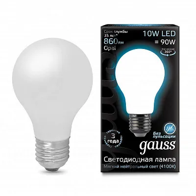 Лампа Gauss Filament А60 10W 860lm 4100К Е27 milky LED 1/10/40