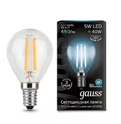 Лампа Gauss Filament Шар 5W 450lm 4100К Е14 LED 1/10/50