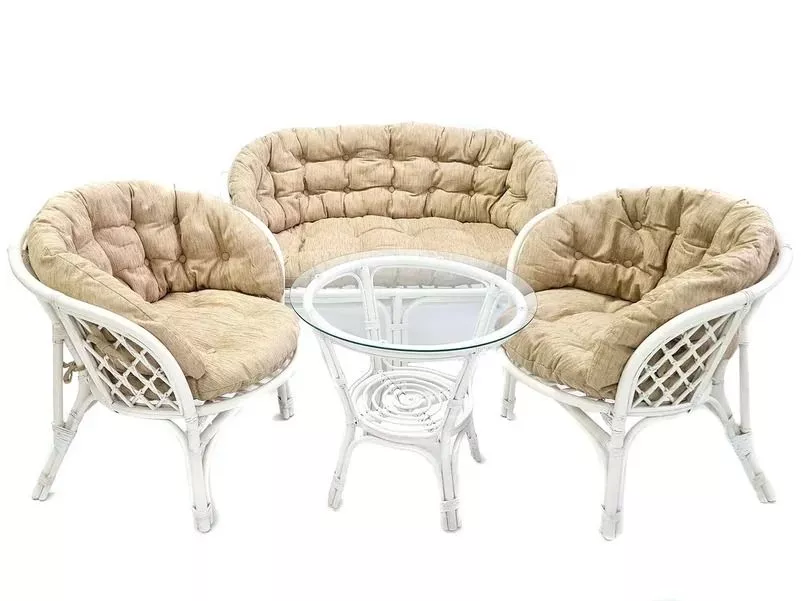Комплект мебели из ротанга Багама с диваном белый матовый (подушки шенилл полные светлые)