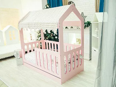 Детская кровать-домик с ящиком розовый