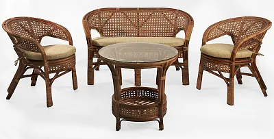 Комплект мебели из ротанга Пеланги 02 15 с 2х местным диваном и круглым столом миндаль матовый