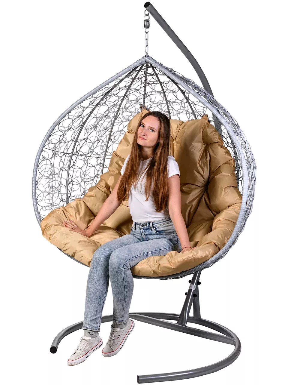 Двойное подвесное кресло Bigarden Gemini gray с бежевой подушкой