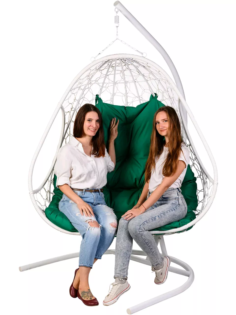 Двойное подвесное кресло Bigarden Primavera White с зеленой подушкой
