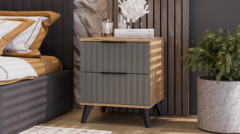 Тумба прикроватная Хилтон Трия с опорами Черный матовый / Дуб Крафт золотой