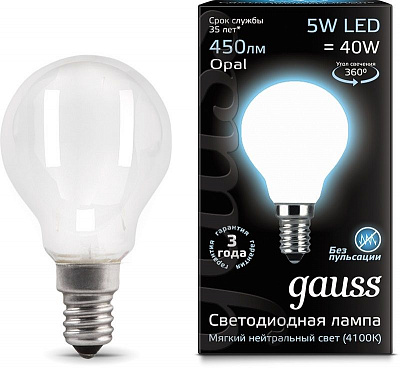 Лампа Gauss Filament Шар 5W 450lm 4100К Е14 milky LED 1/10/50