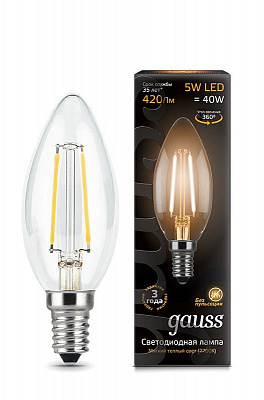 Лампа Gauss Filament Свеча 5W 420lm 2700К Е14 LED 1/10/50